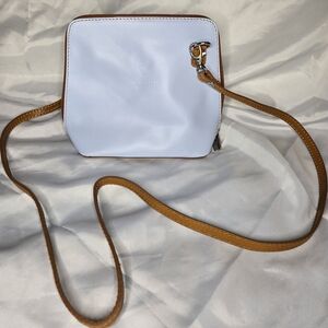 Vera Pelle 100% Italian Leather Mini Crossbody Handbag Light Periwinkle & Brown‎